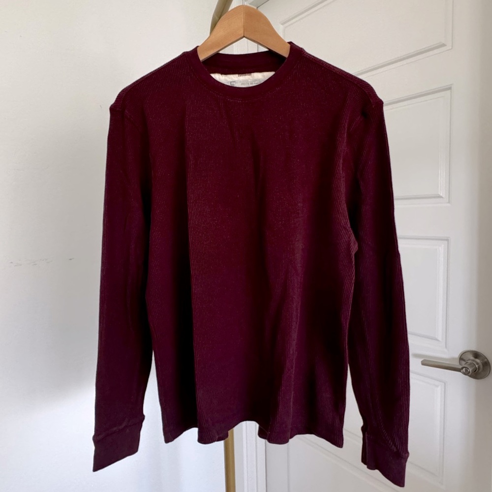 Men's Cozy Academia Waffle Knit Pullover Long Sleeve Crewneck Burgundy Size S